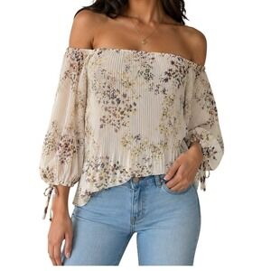 Willow + Root Floral‎ Off The Shoulder Pleated Blouse Cream Small Balloon Sleeve